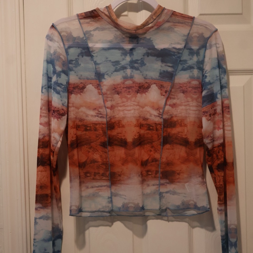 Wild Fable Blue and White Sheer Crop Long Sleeve Shirt